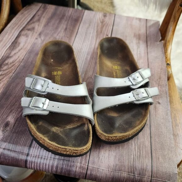 Birkenstock Silver Slide Sandals with‎ Cork Footbed Sz L9 M7 - Picture 12 of 13